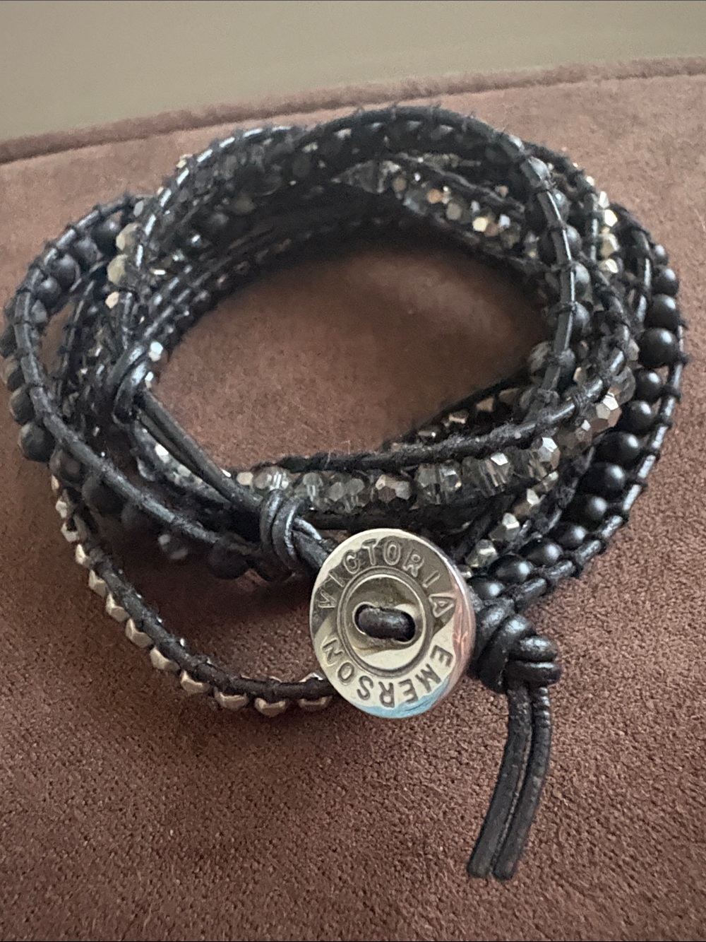 Victoria Emerson Black and Silver Bead Leather Bracelet 5 Wrap